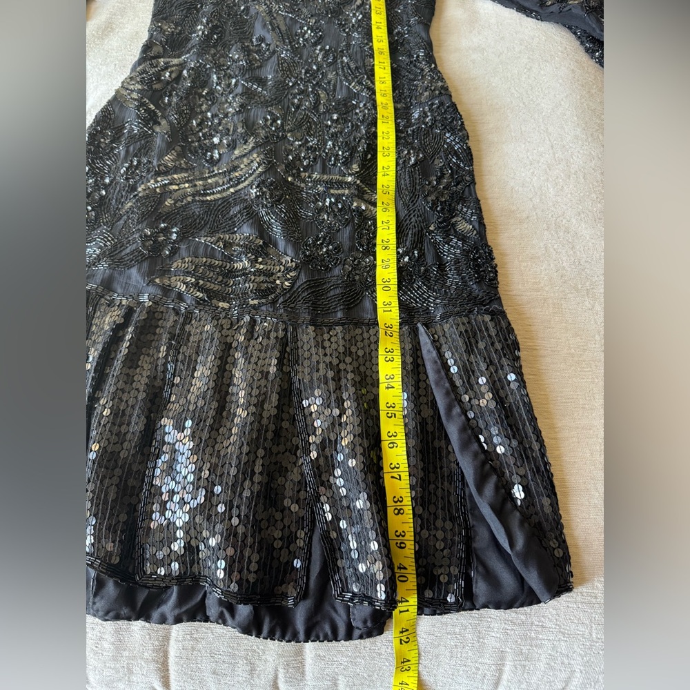 SWEEL O Vintage Black Beaded Sequin Cocktail Dress Long Sleeve Art Deco Midi - Picture 11 of 12